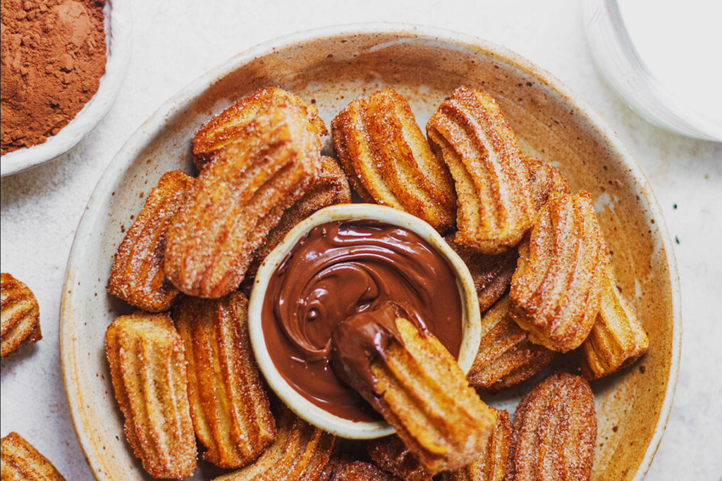 Baked Polenta Churros with chocolate ganache.